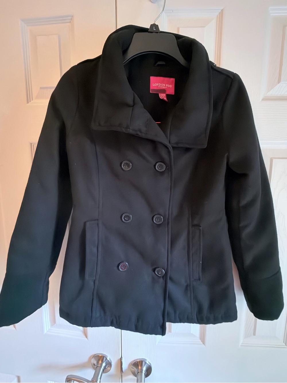 London Fog Black Double-Breasted Pea Coat with Notched Collar